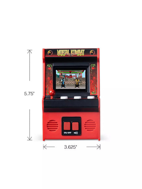Mortal Kombat Handheld Electronic Arcade Game front view with dimension markings showing 5.75 inches tall and 3.625 inches wide, with colour screen displaying gameplay
