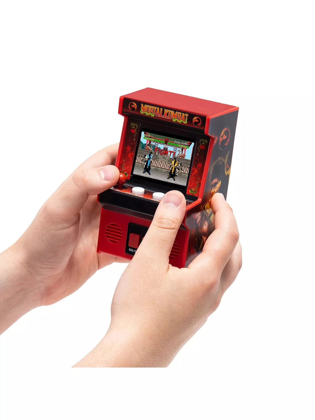 Two hands holding the Mortal Kombat Handheld Electronic Arcade Game, showing the compact size of the mini cabinet with colour screen displaying gameplay and action buttons