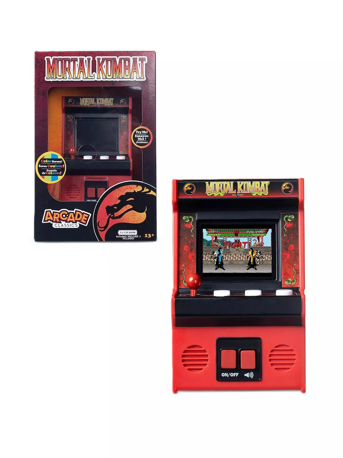 Mortal Kombat Handheld Electronic Arcade Game shown beside its retail box, displaying the red and black mini arcade cabinet with colour screen, joystick and action buttons