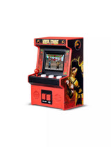 Mortal Kombat Handheld Electronic Arcade Game three-quarter view showing red and black cabinet, joystick, four action buttons, on/off controls and character artwork on the side panel