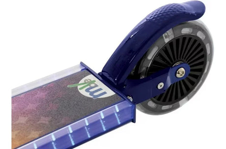 Close-up of the MoVe Electro Lite Nova scooter rear showing the navy blue foot brake, illuminated deck edge, anti-slip footplate surface and rear wheel