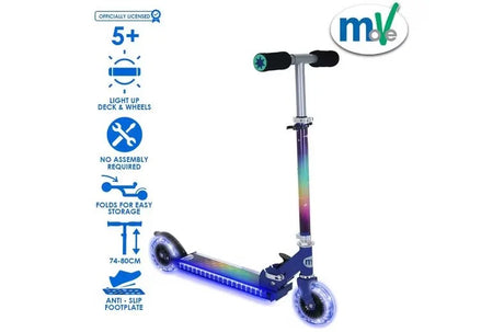 MoVe Electro Lite Nova Kids Foldable Scooter shown upright with feature icons listing age 5 plus, light-up deck and wheels, no assembly required, folds for storage, 74 to 80cm height and anti-slip footplate