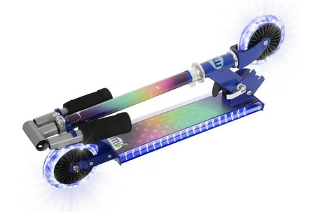 MoVe Electro Lite Nova Kids Foldable Scooter shown fully folded flat, displaying the rainbow-printed stem, illuminated deck strip and light-up wheels