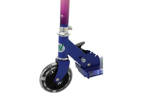 Close-up of the MoVe Electro Lite Nova scooter front wheel and navy blue fork, showing the rainbow-gradient stem, folding clamp mechanism and deck LED strip
