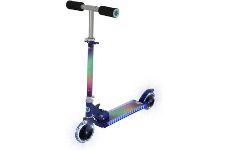 MoVe Electro Lite Nova Kids Foldable Scooter side view showing navy blue frame, rainbow light-up stem, illuminated deck edge LEDs, light-up wheels and black foam grips