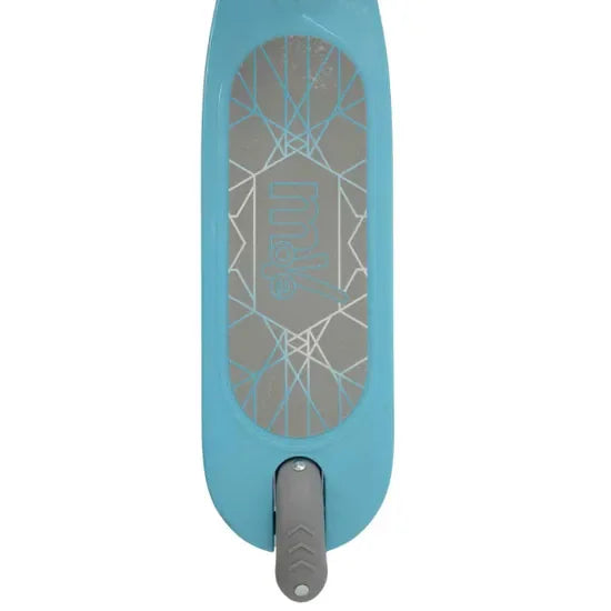 A top view of the blue scooter deck featuring a grey geometric patterned standing surface
