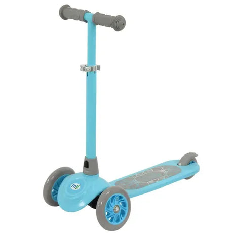 A blue three wheel scooter with grey handlebars and wheels shown upright against a white background