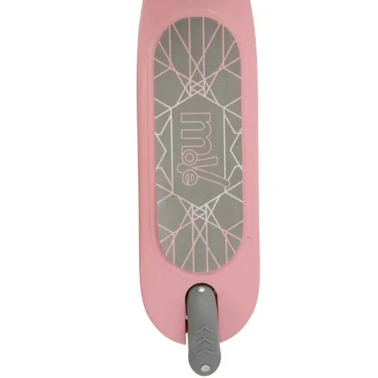 A top view of the pink scooter deck featuring a grey geometric patterned standing surface