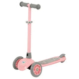 A pink three wheel scooter with grey handlebars and wheels shown upright against a white background