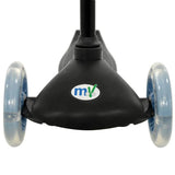 Scooter front section with blue wheels and visible light up stem detailing