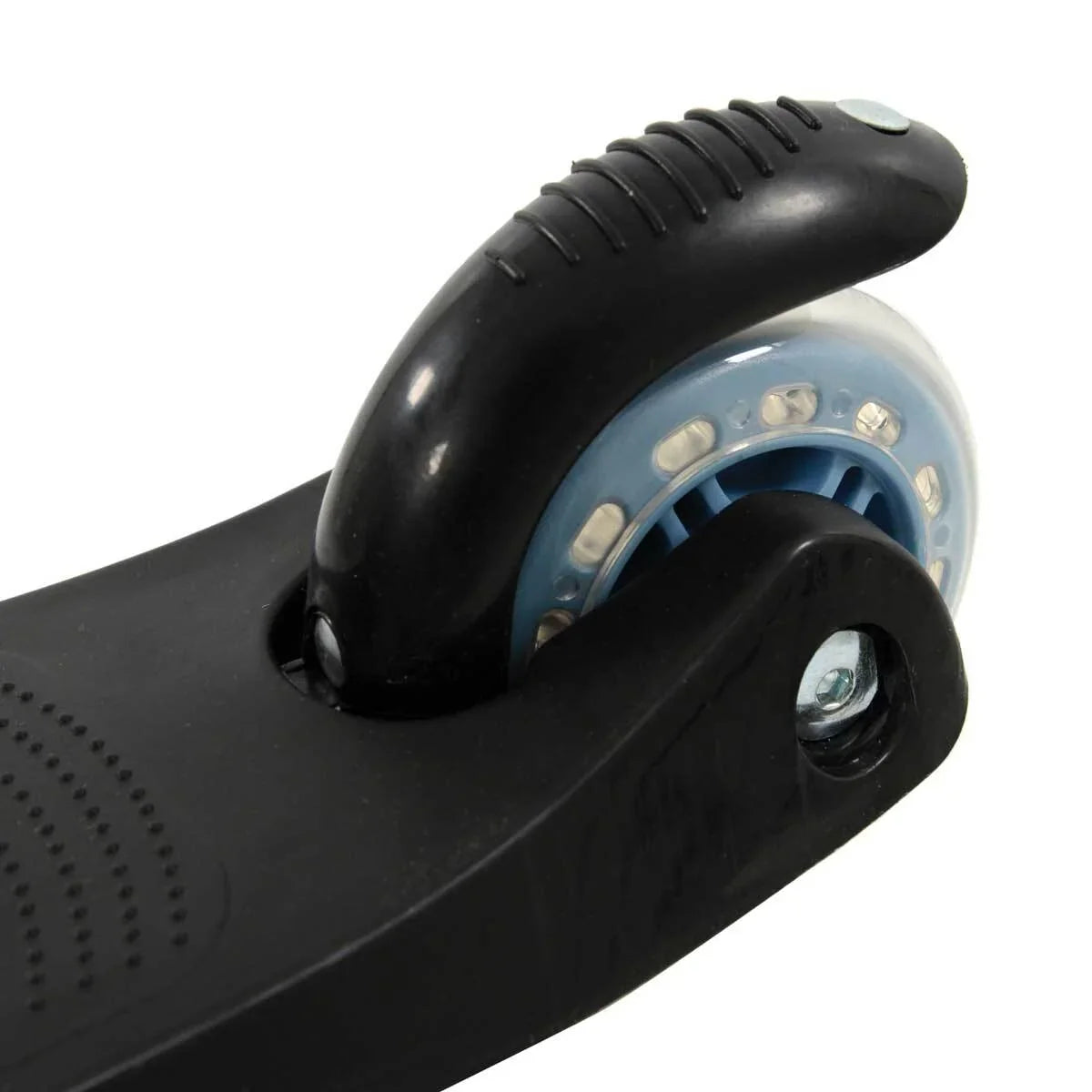 A MoVe Tilt and Glo scooter with its back wheel visible along with the raised rear footbrake and blue detailing around the wheel housing and light up wheels.