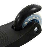 A MoVe Tilt and Glo scooter with its back wheel visible along with the raised rear footbrake and blue detailing around the wheel housing and light up wheels.