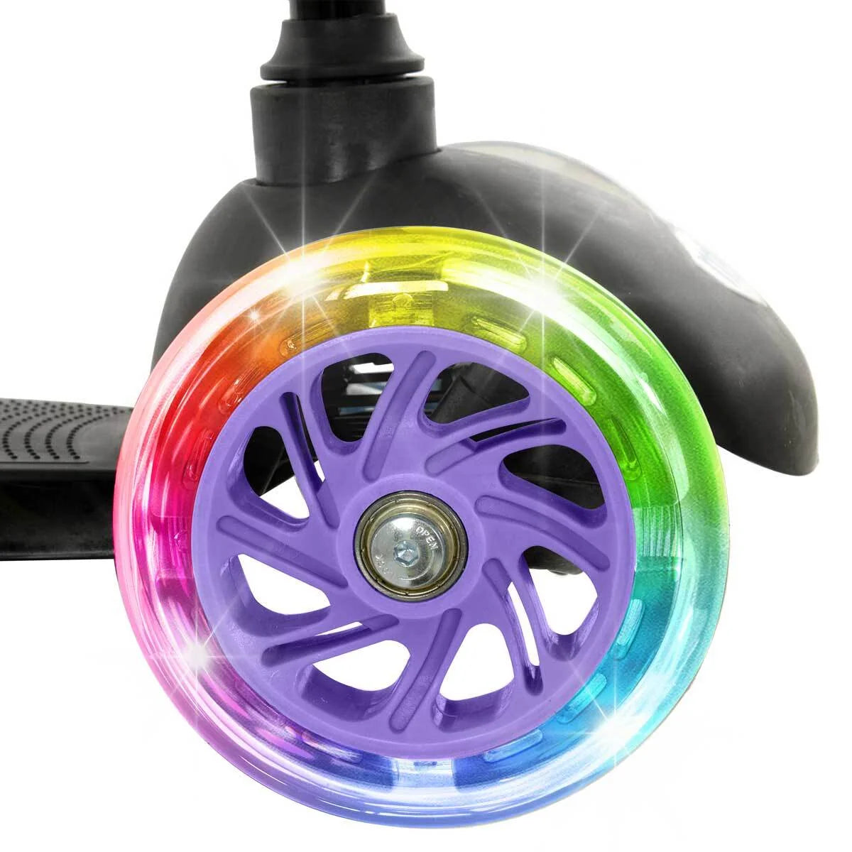 A close view of a lilac MoVe Tilt and Glo scooter wheel with rainbow coloured light up detailing and purple wheel spokes