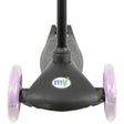 A front facing view of the lilac MoVe Tilt and Glo scooter showing the deck texture and both purple front wheels