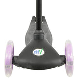 A front facing view of the lilac MoVe Tilt and Glo scooter showing the deck texture and both purple front wheels