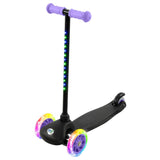 A MoVe Tilt and Glo scooter in lilac shown upright with light up wheels and a lit stem against a white background
