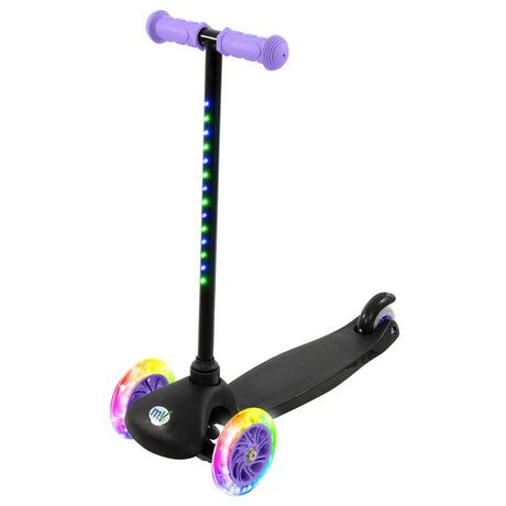 A MoVe Tilt and Glo scooter in lilac shown upright with light up wheels and a lit stem against a white background