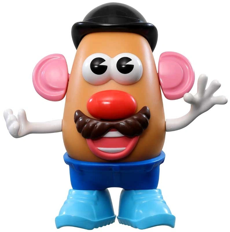 Mr Potato Head figure with black hat, moustache, pink ears, blue shoes and raised arms
