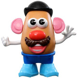 Mr Potato Head figure with black hat, moustache, pink ears, blue shoes and raised arms