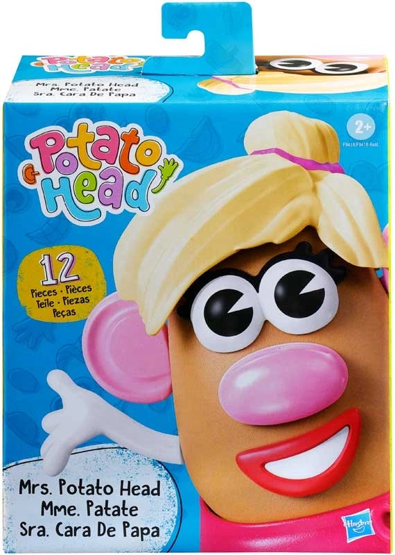 Boxed Mrs Potato Head toy showing the character with blonde hair, pink nose and red lips