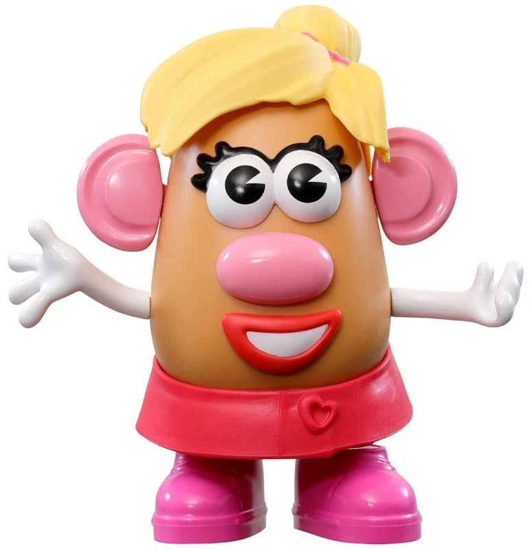 Mrs Potato Head figure with blonde hair, pink nose, red skirt and pink shoes