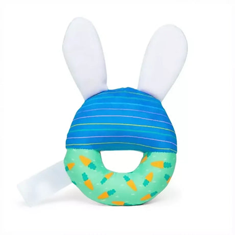 Back view of Ms. Rachel Hop Little Bunnies soft rattle with blue striped fabric and green patterned ring