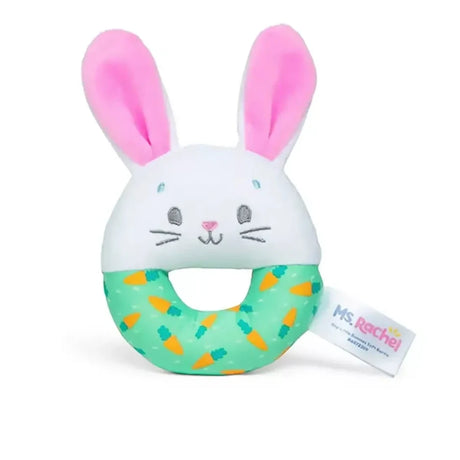 Ms. Rachel Hop Little Bunnies soft rattle with white bunny face, pink ears and green patterned ring