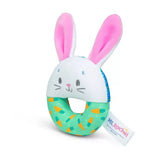 Side view of Ms. Rachel Hop Little Bunnies soft rattle with pink ears, bunny face and green patterned ring