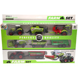 Farm toy vehicle collection featuring realistic tractors and machinery in green packaging