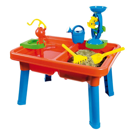 Multiplay Table With Toys assembled with water wheel, watering can, rake, spade and sand mould accessories