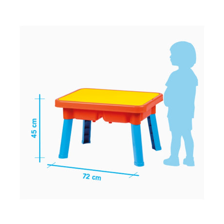 Multiplay Table With Toys dimensions graphic showing the table beside a child silhouette