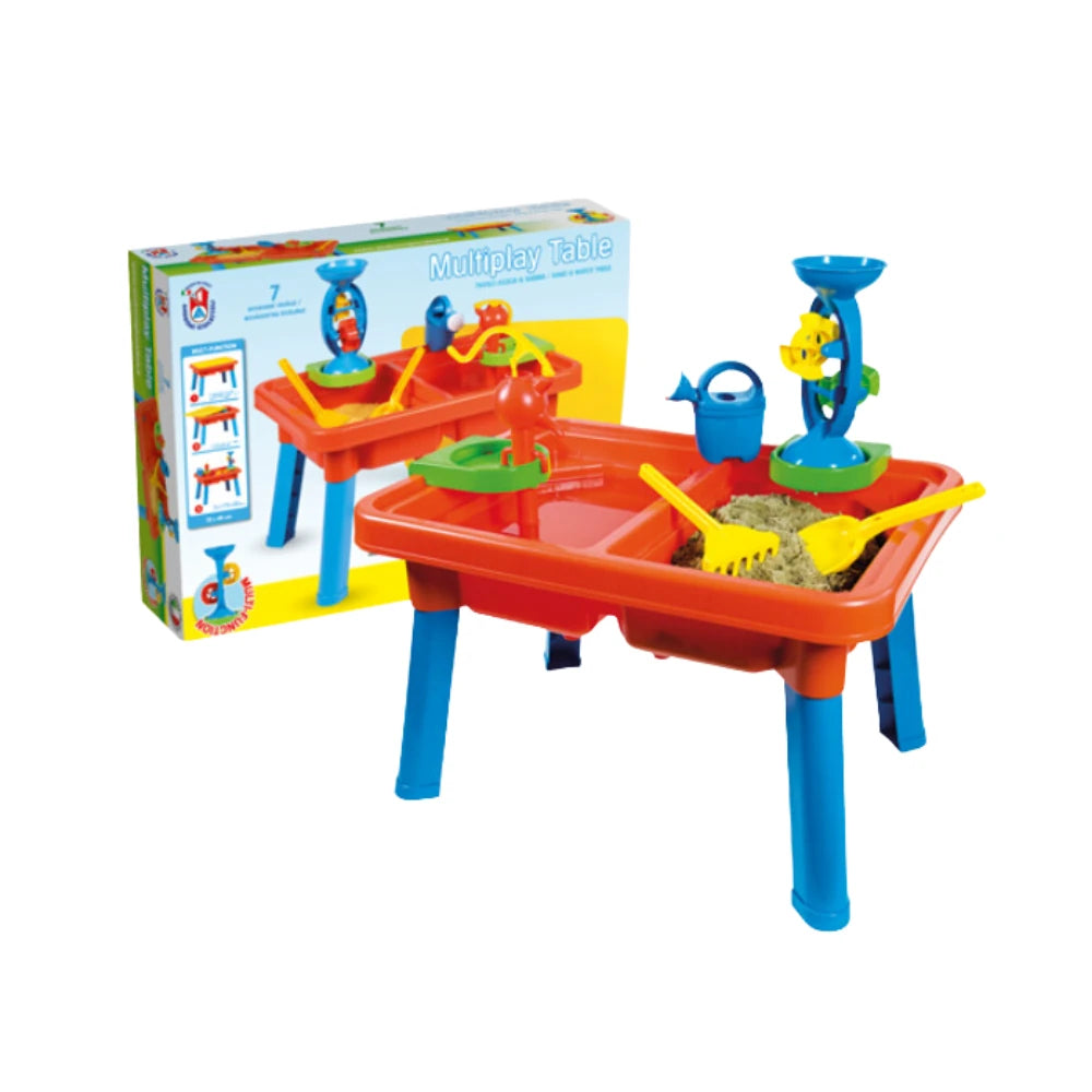 Multiplay Table With Toys shown assembled beside the product box