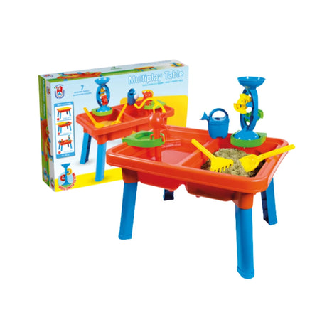 Multiplay Table With Toys shown assembled beside the product box