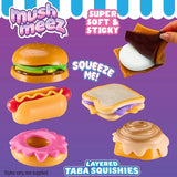 Mushmeez Taba Squishy assortment graphic showing the layered burger, hot dog, sandwich, doughnut, cinnamon roll and s'more designs