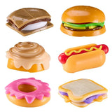 Mushmeez Taba Squishy assortment showing s'more, burger, cinnamon roll, hot dog, doughnut and sandwich designs