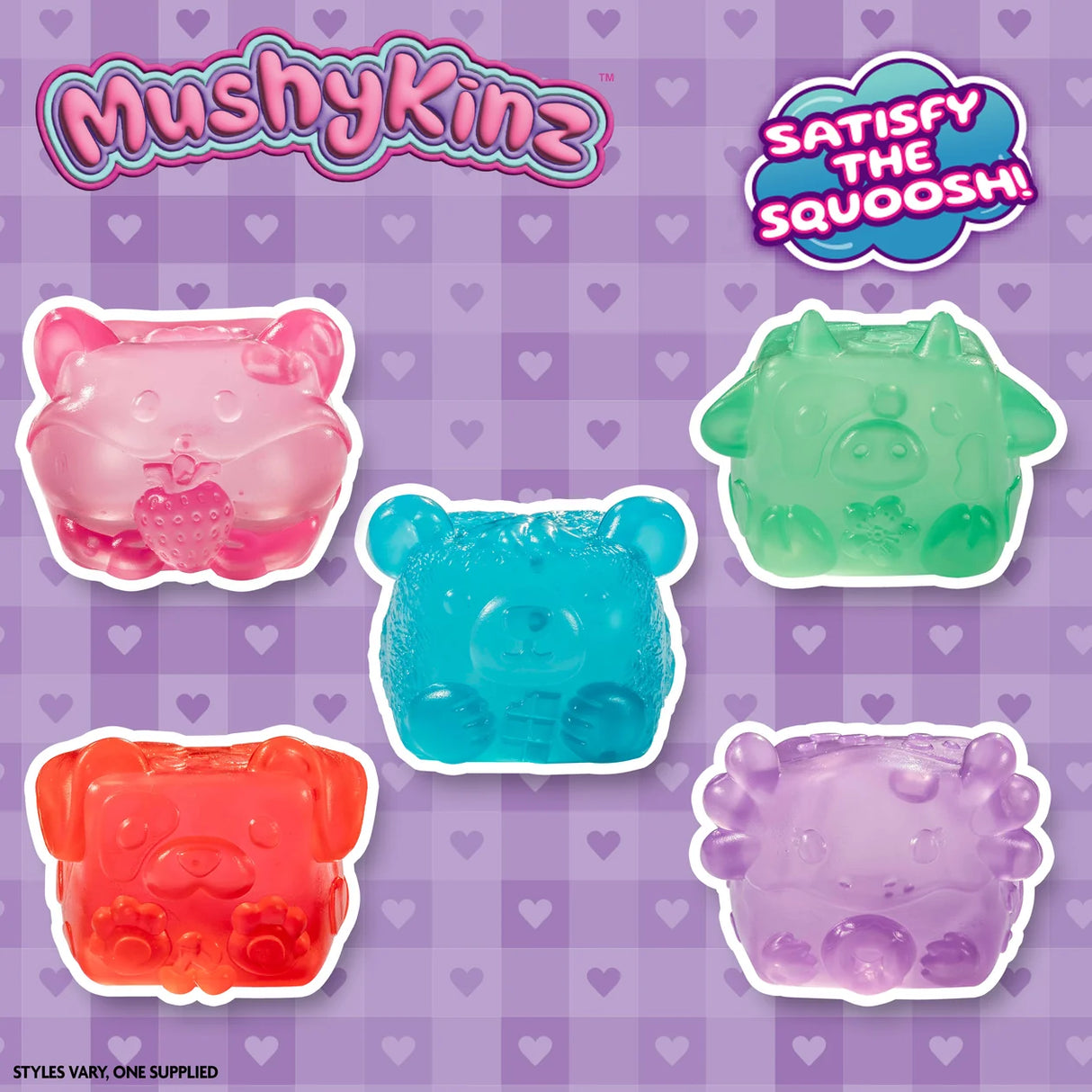 MushyKinz Jelleez assortment graphic showing five colourful animal squishy designs