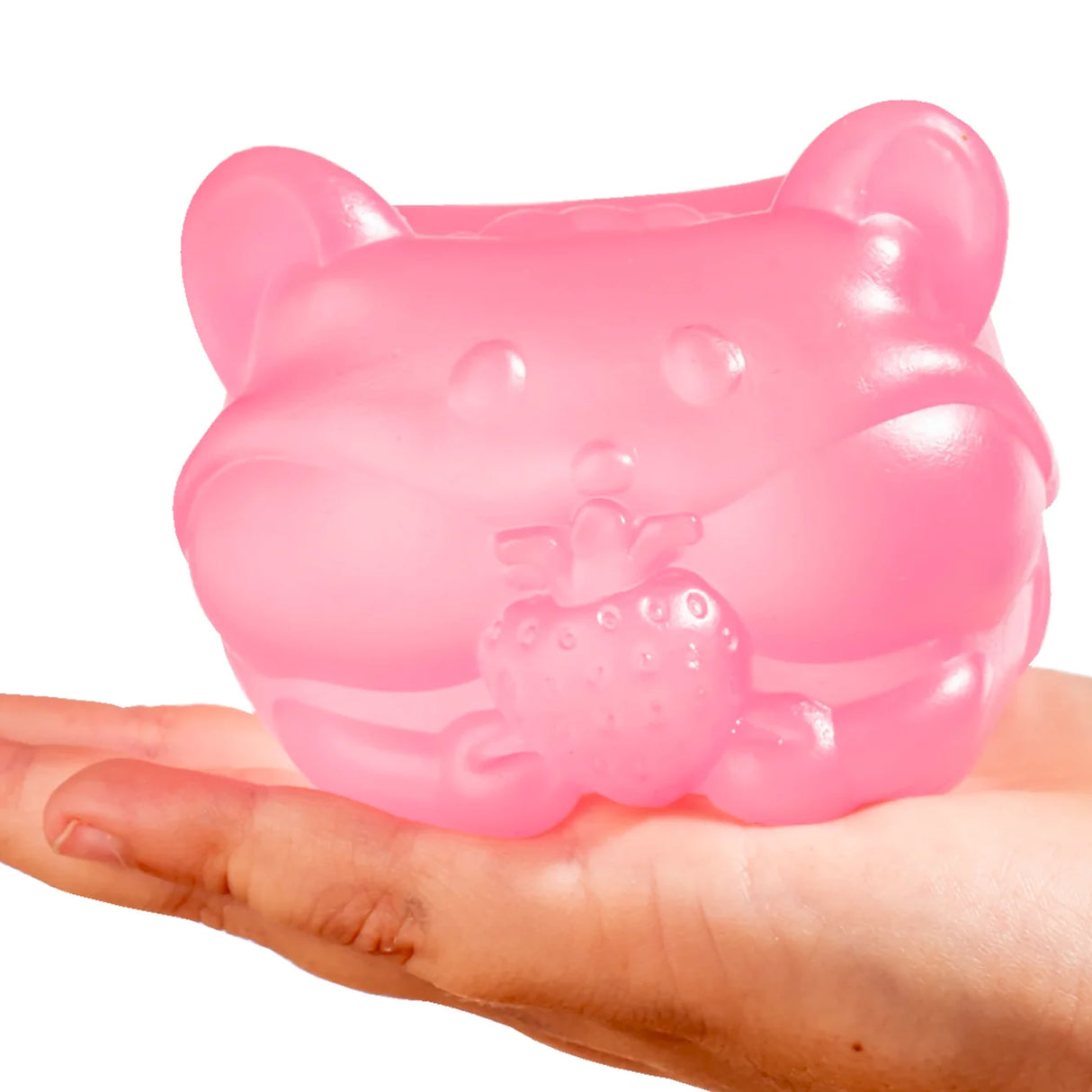 Pink MushyKinz Jelleez hamster squishy resting on an open hand
