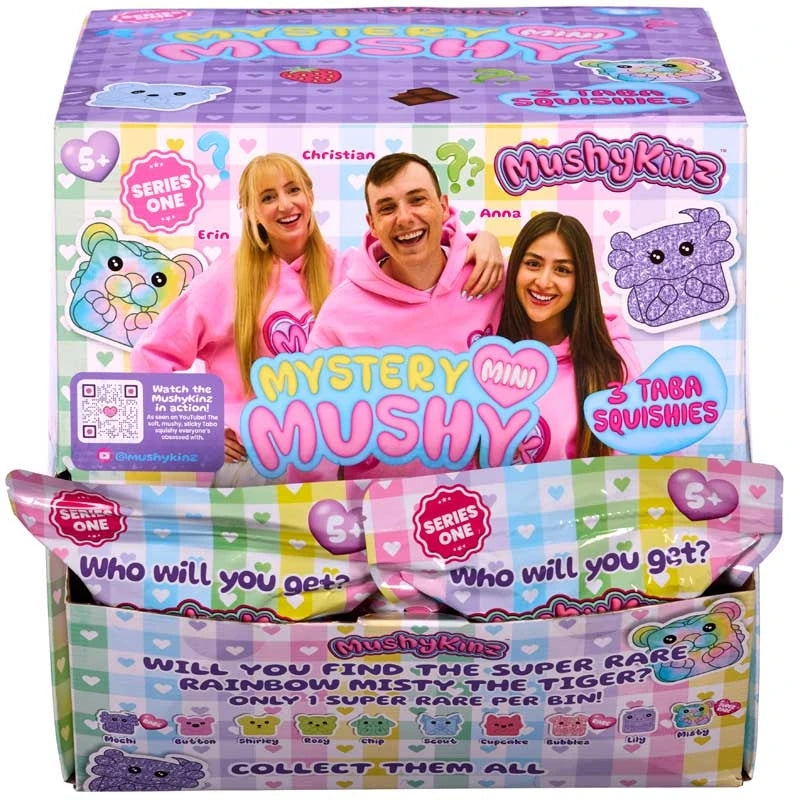 MushyKinz Mini Mystery Mushy 3 Pack Series One retail display filled with mystery pouches