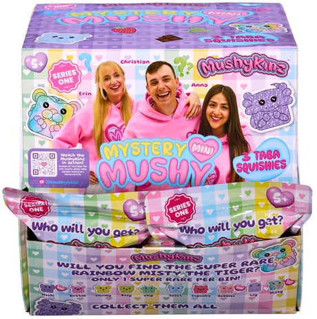 MushyKinz Mini Mystery Mushy 3 Pack Series One retail display filled with mystery pouches