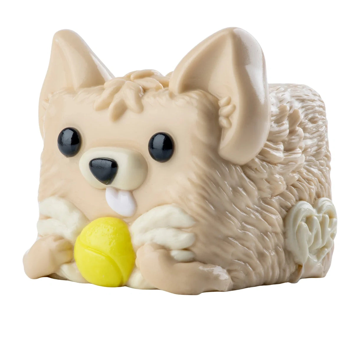 MushyKinz OG beige Chihuahua Taba Squishy holding a yellow ball