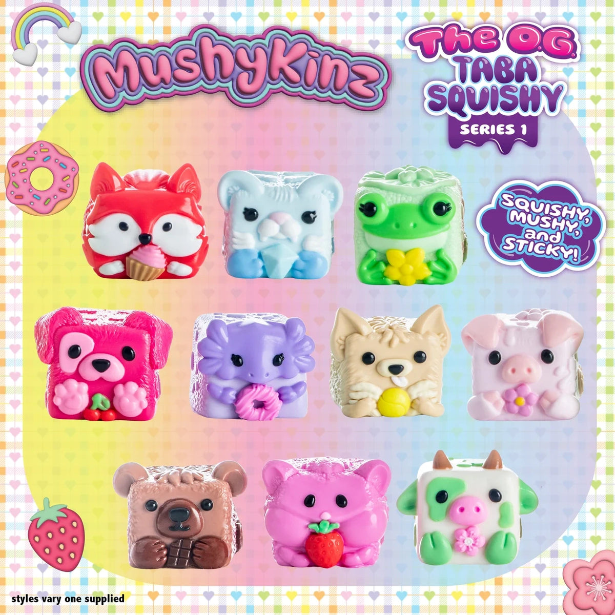 MushyKinz OG Taba Squishy Series 1 character guide showing all ten collectible designs