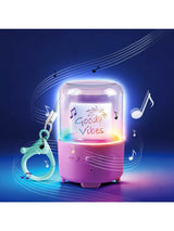 Purple Music Creator Mini Speaker with Good Vibes insert, coloured lights and turquoise keychain clip