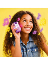 Purple Music Creator Mini Speaker held beside colourful music note graphics