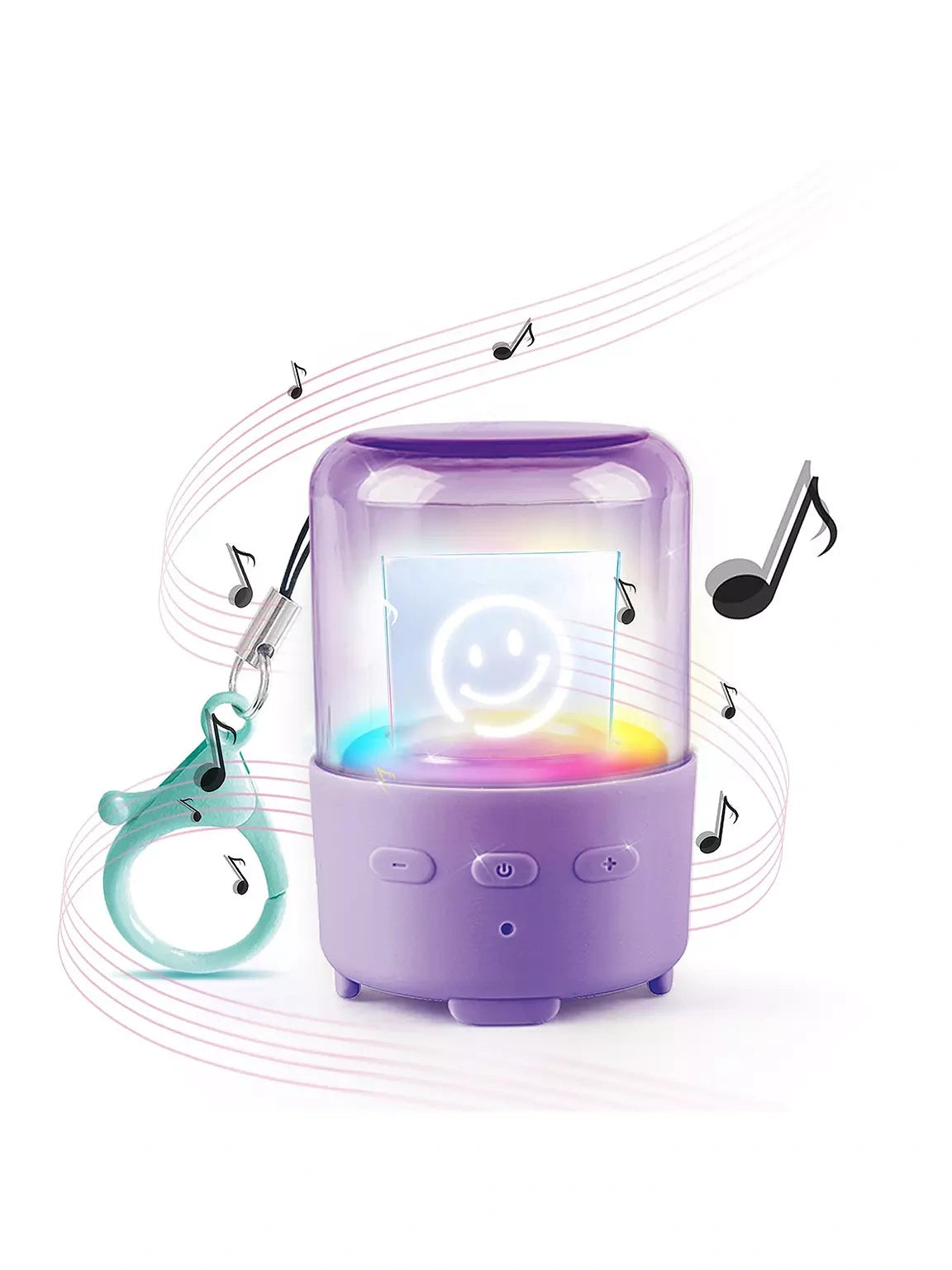 Purple Music Creator Mini Speaker with illuminated smiley face and turquoise keychain clip