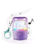 Purple Music Creator Mini Speaker with illuminated smiley face and turquoise keychain clip