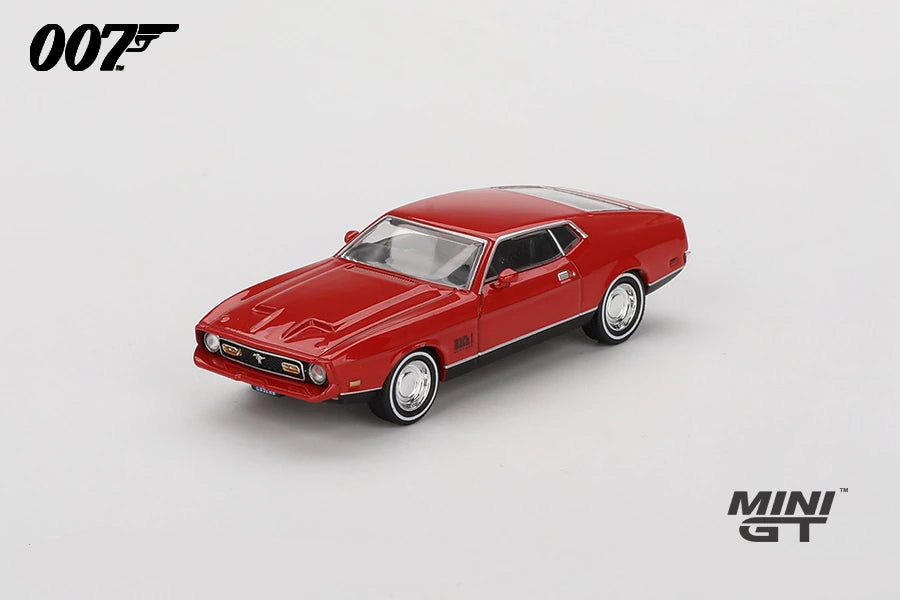 Red Ford Mustang Mach 1 from Diamonds Are Forever viewed from the front left showing the black bonnet detail, twin headlights and chrome front bumper