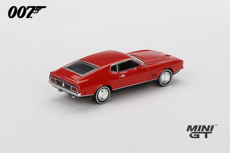 James Bond Ford Mustang Mach 1 viewed from the rear right showing the black rear panel, chrome bumper, rear window and red bodywork