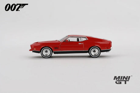 Mini GT James Bond Diamonds Are Forever Ford Mustang Mach 1 red LHD model in full side profile with black lower body stripe and silver wheels