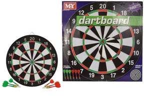 M.Y double sided dartboard with six darts and retail box front