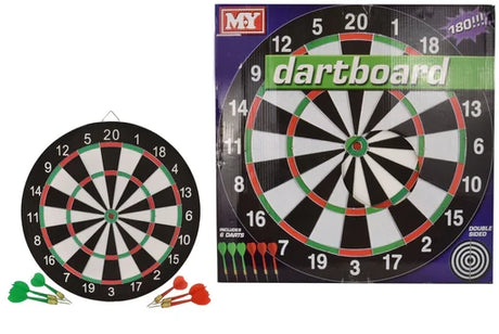 M.Y 17 inch dartboard set with loose darts and boxed front